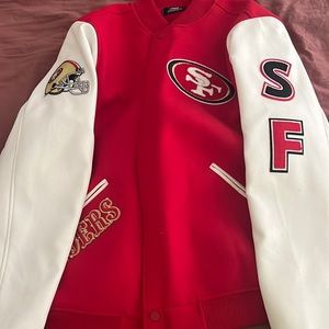 49ers jacket with white leather sleeves